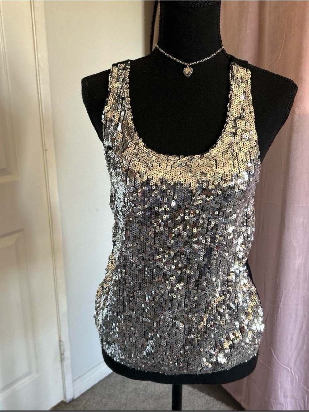 Material Girl Silver Sequin Scoop Neck Tank Top